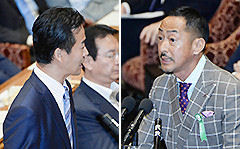 7月13日衆院平和安全特委で、見解を述べる村田公述人(右)と、質問する岡本議員(左)